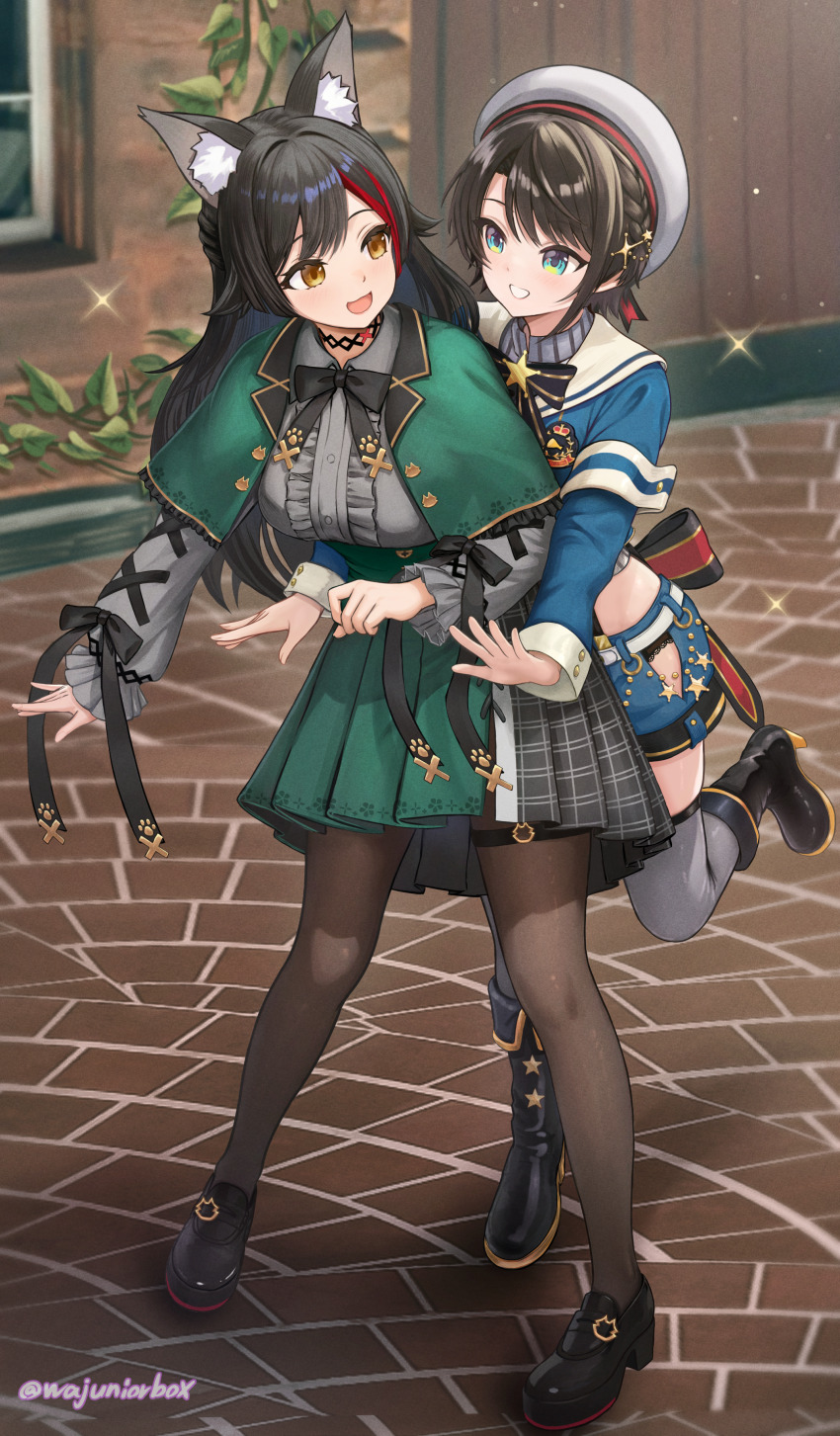 2girls, :d, absurdres, animal_ear_fluff, animal_ears, aqua_eyes, armband, back_bow