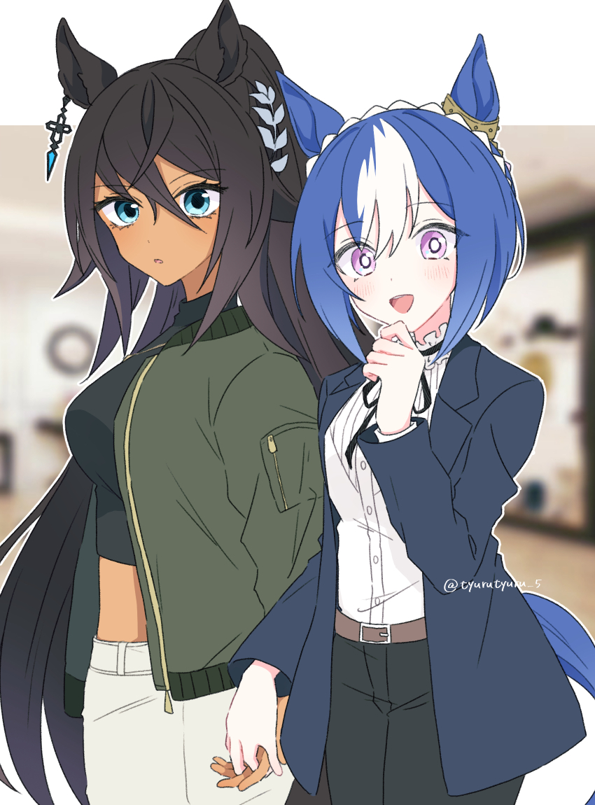 2girls, :d, animal_ears, belt, black_hair, black_pants, black_ribbon, black_shirt