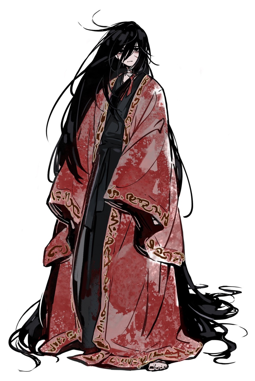 1boy, absurdly_long_hair, absurdres, barefoot, black_eyes, black_hair, black_hanfu, chinese_clothes, chinese_commentary, closed_mouth, coat, dao_gui_yi_xian, dongguananguaxiguabeigua, full_body, hair_between_eyes, hanfu, highres, ji_zai, li_huowang, long_hair, long_sleeves, looking_at_viewer, male_focus, messy_hair, red_coat, robe, scar, scar_on_face, simple_background, sleeves_past_fingers, sleeves_past_wrists, solo, standing, very_long_hair, white_background, wide_sleeves