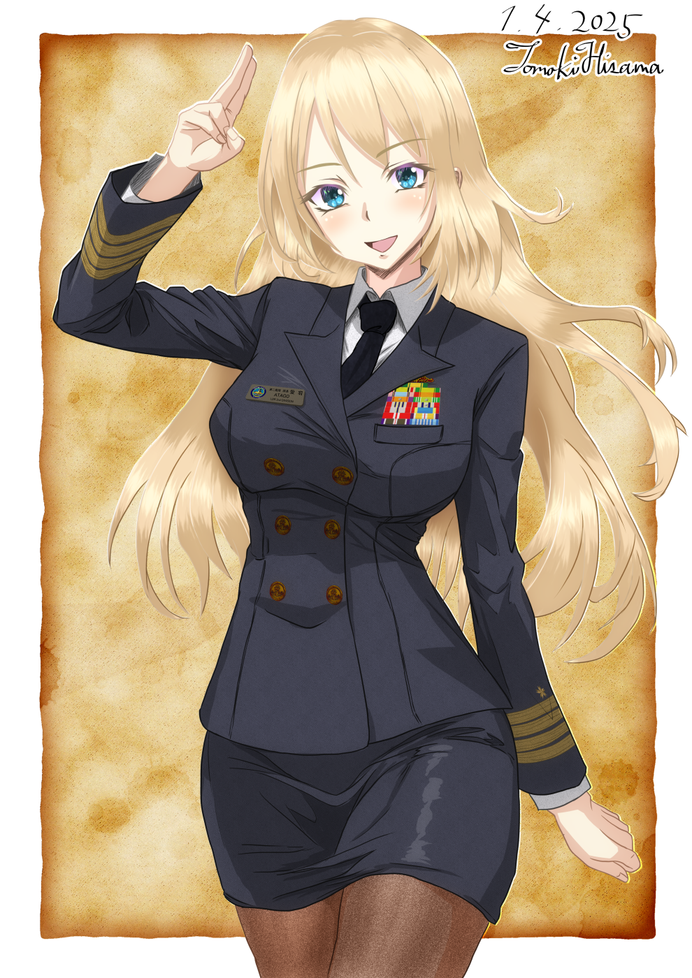 1girl, alternate_costume, atago_(kancolle), black_jacket, black_necktie, black_skirt, blonde_hair, blue_eyes, breasts, buttons, collared_shirt, dated, double-breasted, highres, hisama_tomoki, jacket, japan_maritime_self-defense_force, japan_self-defense_force, kantai_collection, large_breasts, long_hair, long_sleeves, looking_at_viewer, military, military_dress_uniform, military_rank_insignia, military_uniform, naval_dress_uniform, naval_uniform, necktie, one-hour_drawing_challenge, open_mouth, pantyhose, ribbon_bar, shirt, signature, skirt, smile, solo, white_shirt