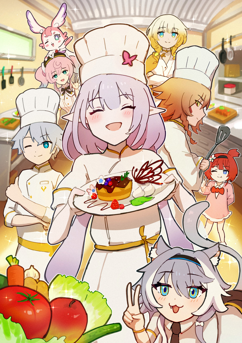 2boys, 5girls, :3, ;), aglaea_(honkai:_star_rail), animal_ears, aqua_eyes, blonde_hair, bow, bowtie, cake, carrot, castorice_(chrysos_chef)_(honkai:_star_rail), castorice_(honkai:_star_rail), cat_ears, cat_girl, cat_tail, chef, chef_hat, chocolate_cake, chrysos_heirs_(honkai:_star_rail), cipher_(honkai:_star_rail), coat, commentary_request, dress, food, frying_pan, hat, highres, holding, holding_plate, holding_spatula, honkai:_star_rail, honkai_(series), hyacine_(honkai:_star_rail), indoors, isome, kitchen, long_hair, medium_hair, multiple_boys, multiple_girls, mydei_(chrysos_chef)_(honkai:_star_rail), mydei_(honkai:_star_rail), one_eye_closed, phainon_(chrysos_chef)_(honkai:_star_rail), phainon_(honkai:_star_rail), pink_dress, pink_fur, pink_hair, plate, pointy_ears, purple_hair, red_bow, red_bowtie, red_hair, short_hair, smile, spatula, star-shaped_pupils, star_(symbol), symbol-shaped_pupils, tail, thumbs_up, tomato, tribbie_(honkai:_star_rail), twintails, v, white_coat, white_dress, white_hair