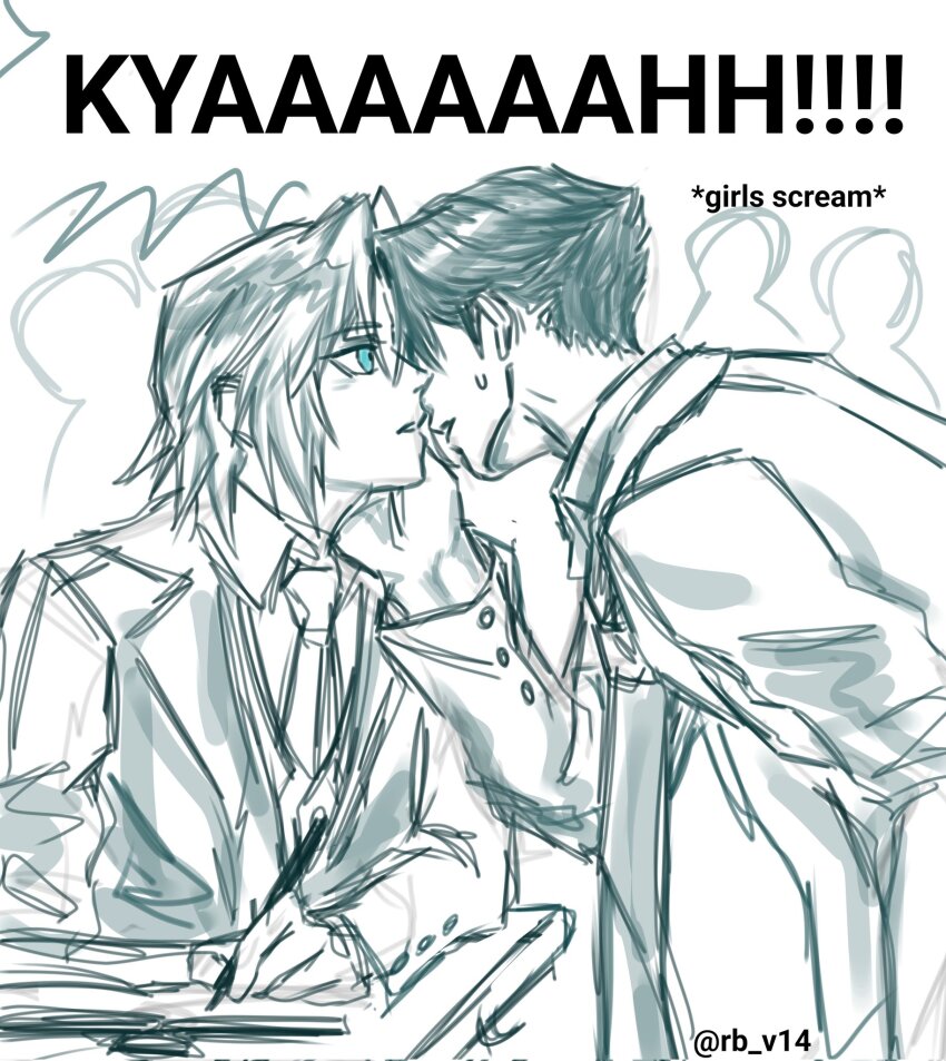 2boys, angeal_hewley, angeal_hewley_(shinra_private_academy), blue_eyes, book, classroom, collared_shirt, commentary