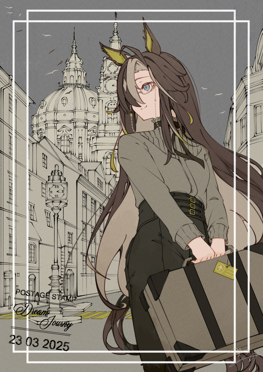 1girl, bird, black_hair, black_pants, blonde_hair, blue_eyes, character_name, closed_mouth, collared_shirt, colored_inner_hair, commentary, crosswalk, cursive, dated, dream_journey_(umamusume), eyewear_strap, glasses, grey_hair, grey_shirt, hair_over_one_eye, high-waist_pants, highres, holding, holding_suitcase, lamppost, long_hair, long_sleeves, multicolored_hair, pants, road, shikahisa_totani, shirt, single_hair_intake, solo, streaked_hair, street, suitcase, umamusume, very_long_hair