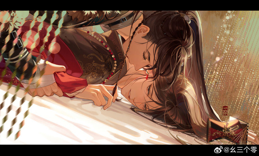 2boys, absurdres, bandaged_hand, bandages, bead_necklace, beads, black_hanfu, braid