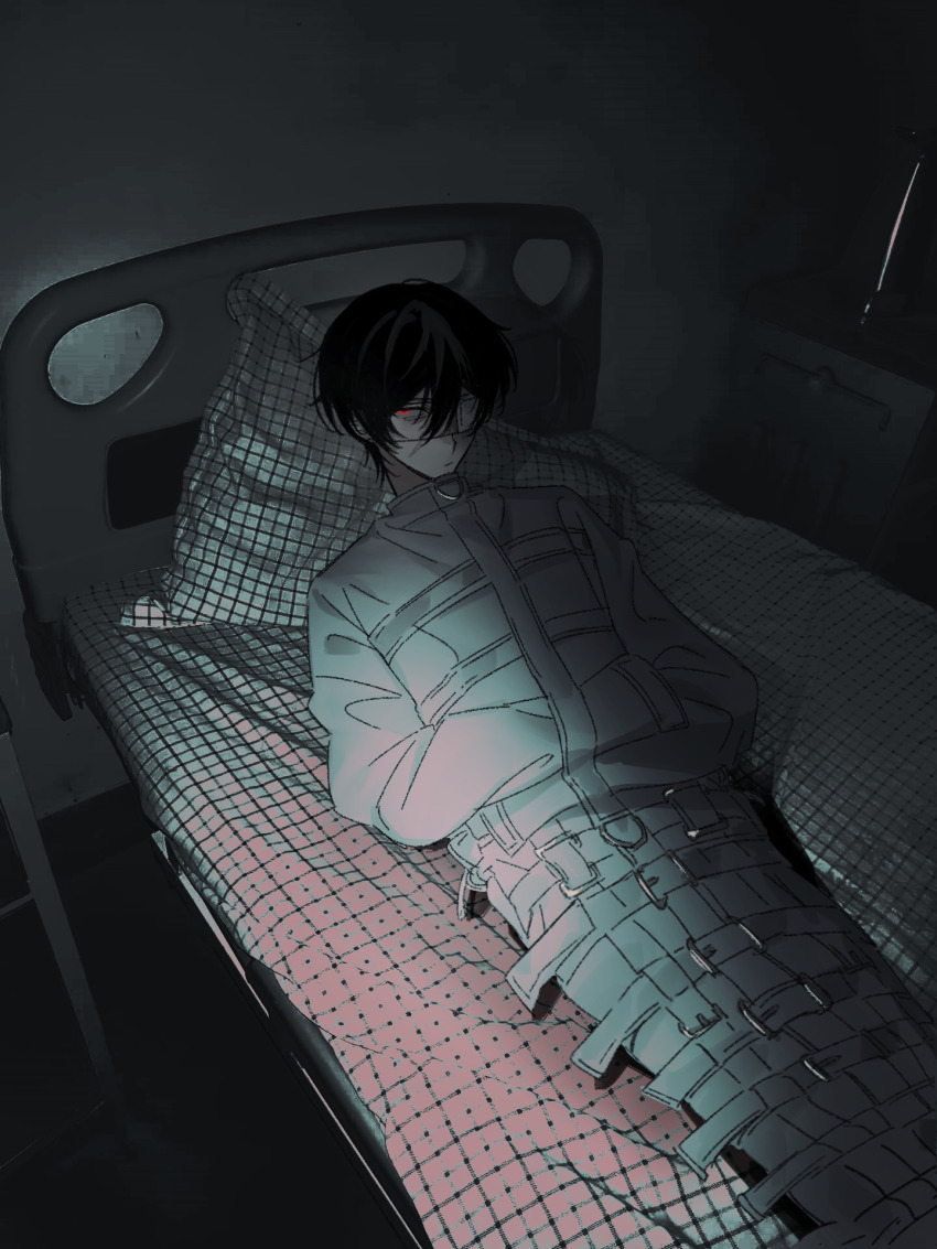 1boy, alternate_universe, bed, black_hair, chest_harness, chinese_commentary, closed_mouth, dao_gui_yi_xian