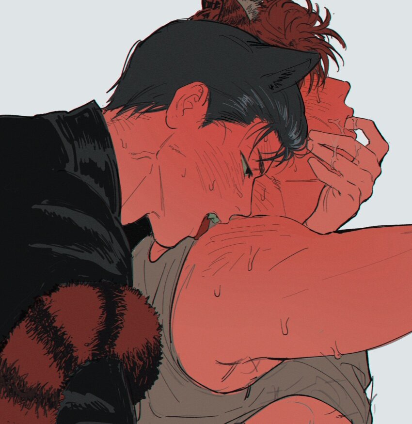 2boys, 79_(ww034518291), adam's_apple, animal_ear_fluff, animal_ears, black_hair, black_jacket, clothes_lift, collared_jacket, commentary_request, finger_in_another's_mouth, grey_shirt, hair_slicked_back, head_back, highres, jacket, kemonomimi_mode, korean_commentary, licking_another's_back, looking_ahead, male_focus, mito_youhei, multiple_boys, red_hair, sakuragi_hanamichi, saliva, shirt, shirt_lift, short_sideburns, sideburns, single_bare_shoulder, slam_dunk_(series), sleeveless, sleeveless_shirt, sweat, tail, teeth, tiger_boy, tiger_tail, tongue, upper_body, upper_teeth_only, very_sweaty, white_background, yaoi