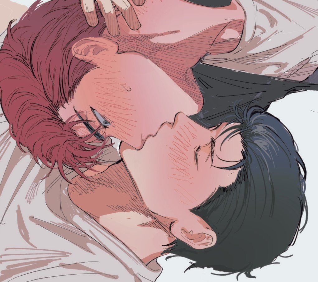 2boys, 79_(ww034518291), adam's_apple, black_hair, blush, closed_eyes, commentary_request, crew_neck