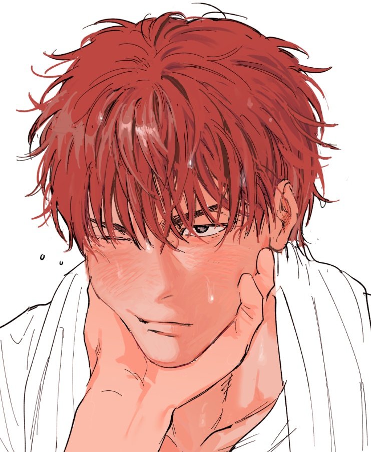 1boy, 79_(ww034518291), blush, brown_eyes, closed_mouth, collarbone, commentary_request, hand_on_another's_chin