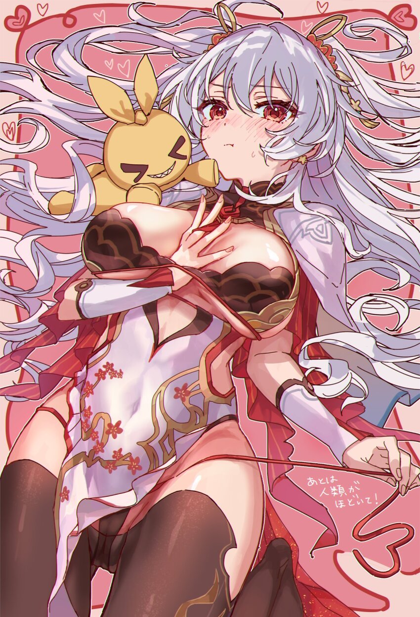 >_<, 1girl, black_thighhighs, breasts, china_dress, chinese_clothes, commentary_request, doll