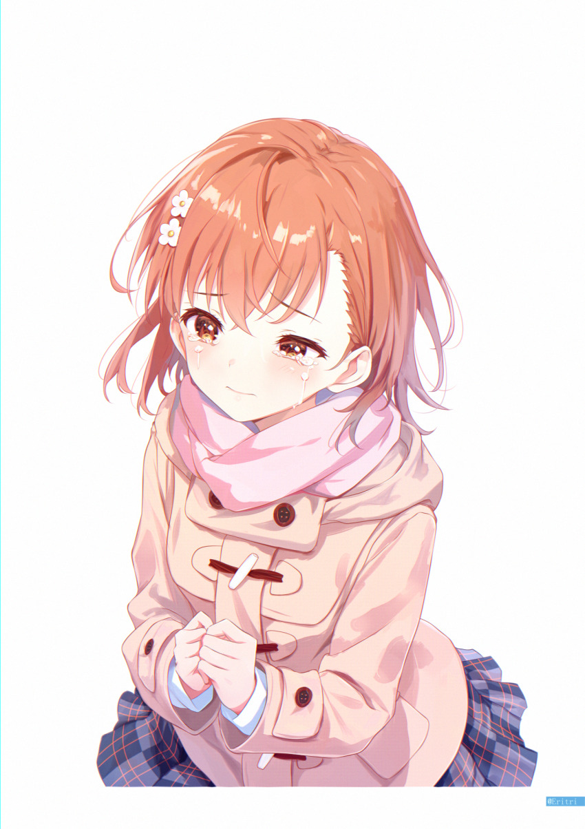 1girl, adapted_costume, asymmetrical_bangs, brown_eyes, brown_hair, brown_jacket, coat, commentary