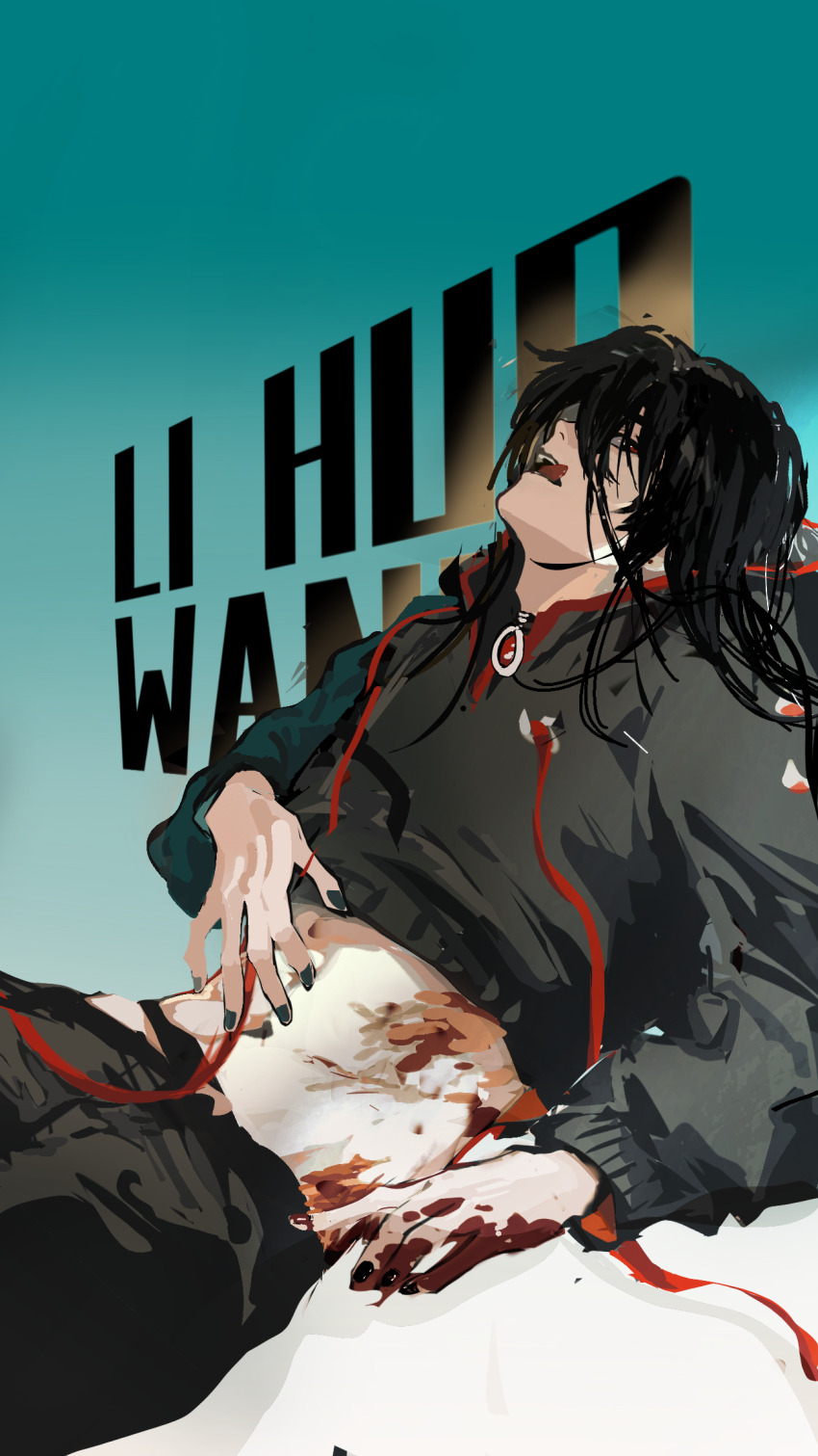 1boy, alternate_costume, alternate_hairstyle, black_hair, black_hoodie, black_nails, black_pants, blood