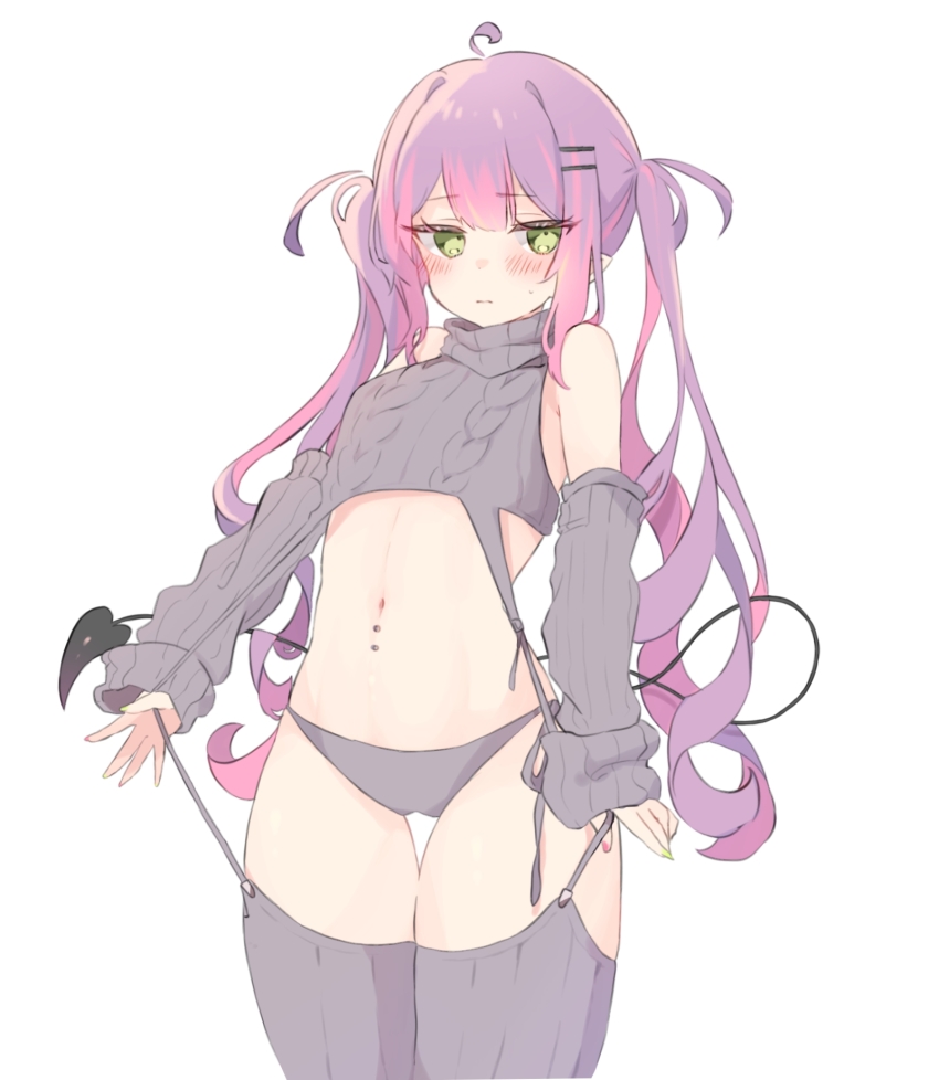 1girl, ahoge, alternate_costume, bare_shoulders, blush, breasts, cable_knit, closed_mouth