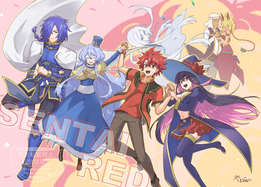 3boys, 4girls, absurdres, armor, asagaki_togo, azir_anuma_kukuja, black_coat, black_hair, black_hat, black_skirt, blonde_hair, blue_armor, blue_dress, blue_eyes, blue_hair, breasts, cleavage, coat, copyright_name, dark-skinned_female, dark_elf, dark_skin, dress, elf, explosion, grey_hair, group_picture, hat, high_ponytail, highres, holding_hands, hood, hooded_coat, yihdra_arvoln, jacket, large_breasts, long_hair, midriff, multicolored_hair, multiple_boys, multiple_girls, navel, nikaido_tenri, pointy_ears, ponytail, purple_hair, raniya_(isekai_red), red_eyes, red_hair, red_jacket, red_shirt, red_skirt, rosie_mist, sentai_red_isekai_de_boukensha_ni_naru, shirt, short_hair, skirt, strapless, teltina_liz_wagrel_alvarost, tube_top, two-tone_hair, watermark, white_coat, witch_hat, yanagimachi