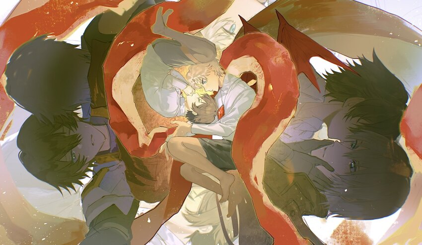 1boy, 1girl, aged_down, black_hair, blue_eyes, dante_(devil_may_cry), devil_may_cry, devil_may_cry_(anime)