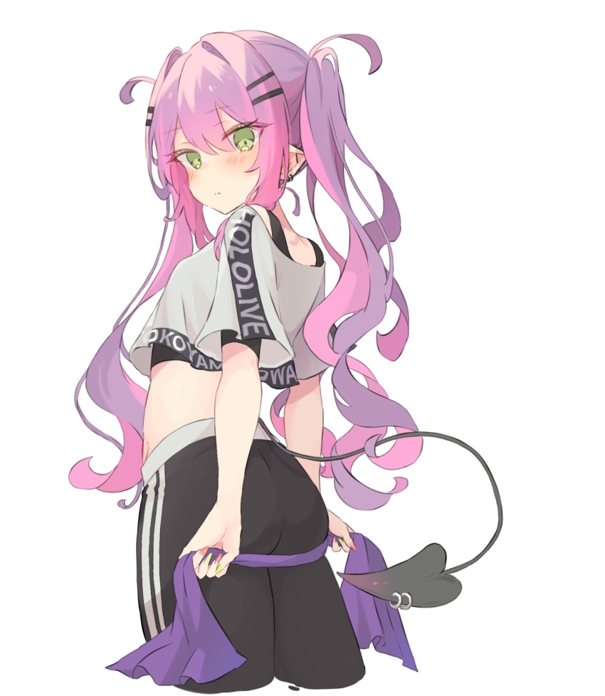 1girl, ahoge, arms_at_sides, ass, ass_rest, black_pants, black_sports_bra, blush, character_name, closed_mouth, colored_inner_hair, copyright_name, cowboy_shot, crop_top, crop_top_overhang, cropped_shirt, demon_girl, demon_tail, ear_piercing, from_side, gradient_hair, green_eyes, hair_between_eyes, hair_intakes, hair_ornament, hairclip, highres, holding, holding_towel, hololive, hololive_dance_practice_uniform, legs_together, long_hair, looking_at_viewer, midriff, multicolored_hair, nail_polish, navel, nekonika_(e102k), official_alternate_costume, pants, piercing, pink_hair, pointy_ears, purple_hair, red_nails, simple_background, solo, sports_bra, sports_bra_peek, stomach, streaked_hair, striped_clothes, striped_pants, tail, tail_ornament, tail_piercing, tokoyami_towa, towel, track_pants, twintails, virtual_youtuber, white_background