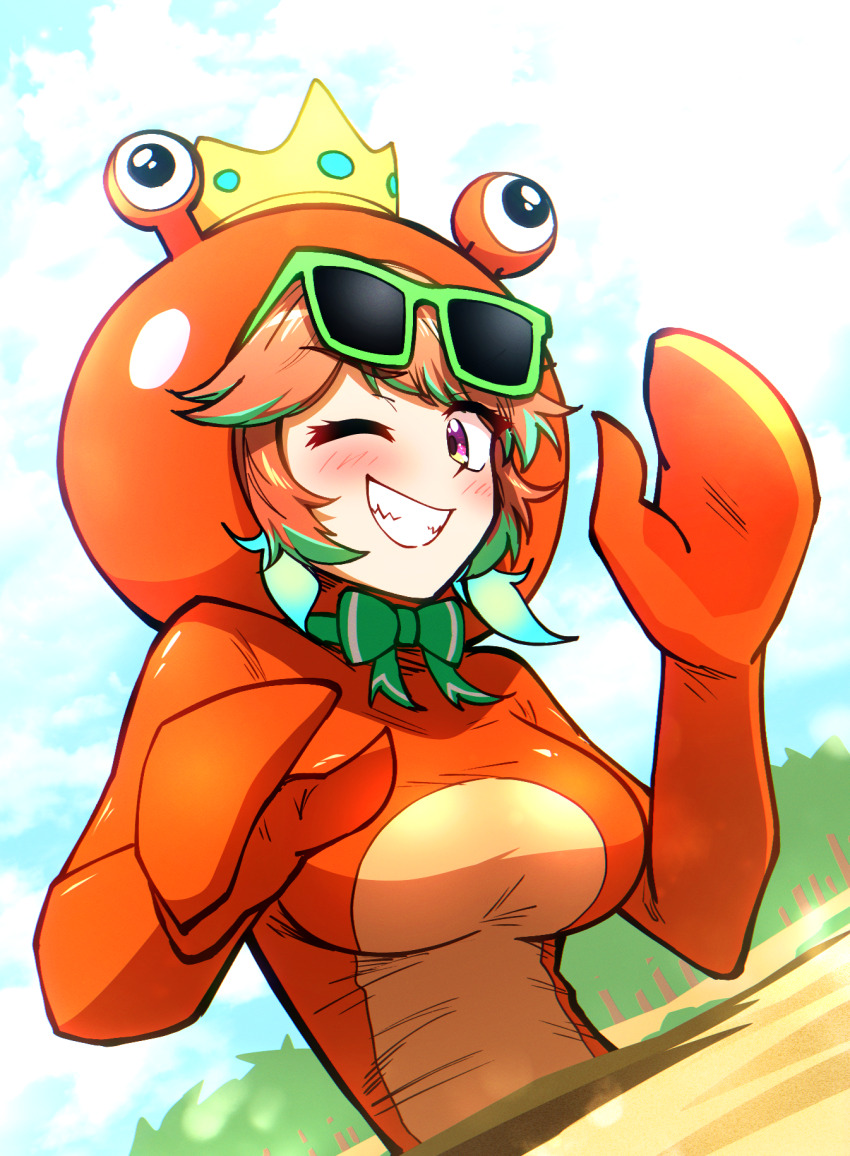 1girl, beach, bow, bowtie, crab_costume, crabbywawa, crown, day