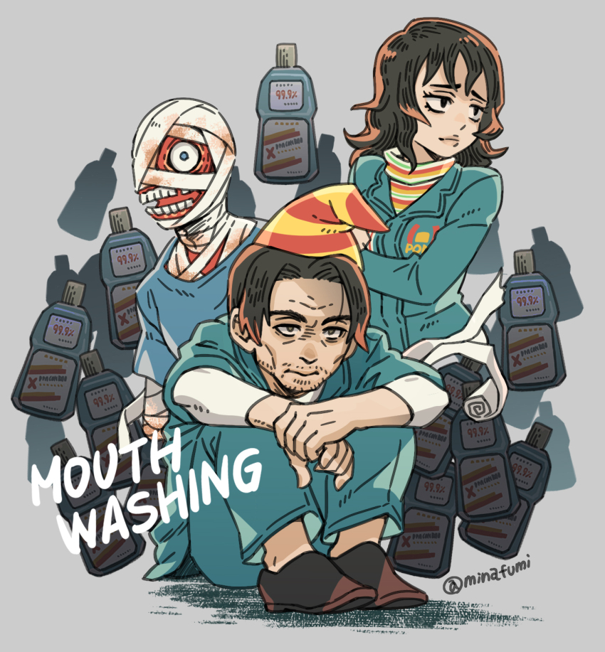 1girl, 2boys, anya_(mouthwashing), bandaged_arm, bandaged_head, bandaged_neck, bandages, beard_stubble