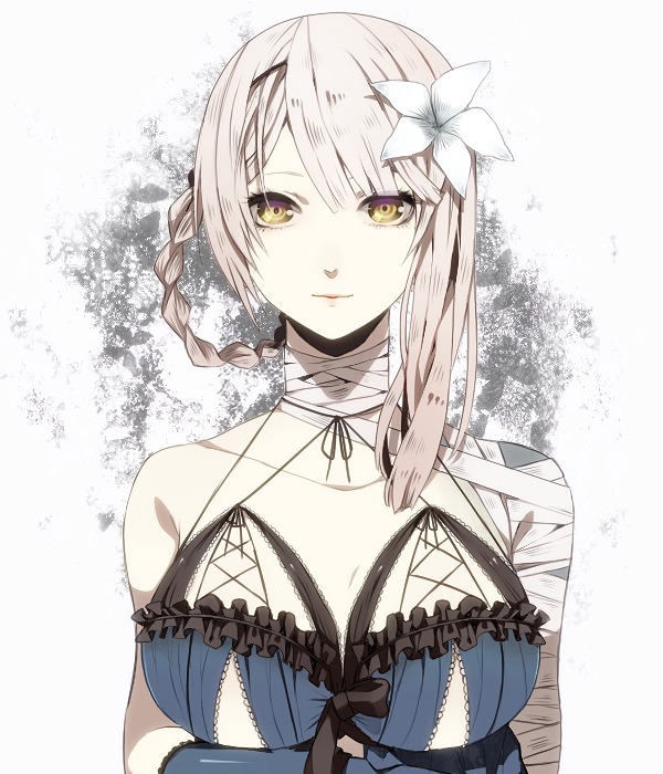 1girl, bandages, braid, breasts, female_focus, flower, hair_flower, hair_ornament, kaine_(nier), large_breasts, lingerie, negligee, nier, nier_(series), sanae_(satansanae), silver_hair, solo, underwear, upper_body, yellow_eyes