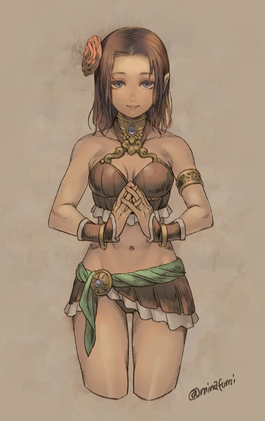 1girl, adventurer_(ff11), armlet, bare_shoulders, bikini, bikini_skirt, blue_eyes, bracelet