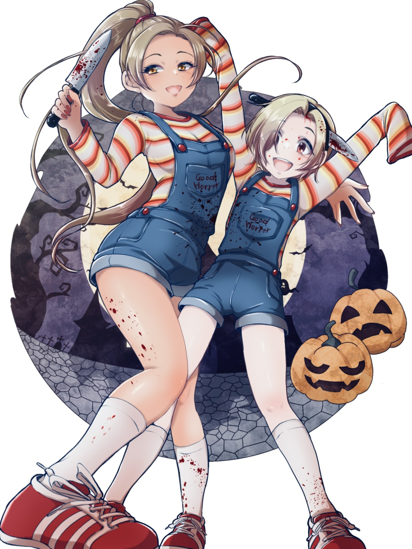 2girls, :d, alternate_costume, arms_up, bat_(animal), blonde_hair, blood, blood_on_clothes, blood_on_face, blood_on_leg, bloody_knife, blue_overalls, child's_play, chucky, chucky_(cosplay), clothes_writing, cosplay, denim, eyelashes, fake_blood, full_moon, hair_over_one_eye, halloween, halloween_costume, highres, holding, holding_knife, idolmaster, idolmaster_cinderella_girls, jack-o'-lantern, kiyowa1001, knife, long_hair, long_sleeves, matsunaga_ryo, moon, multiple_girls, nail_polish, night, open_mouth, orange_eyes, overalls, ponytail, pumpkin, red_eyes, red_nails, red_shoes, shirasaka_koume, shirt, shoes, short_hair, sleeves_past_wrists, smile, socks, standing, striped_clothes, striped_shirt, teeth, tree, upper_teeth_only, white_socks