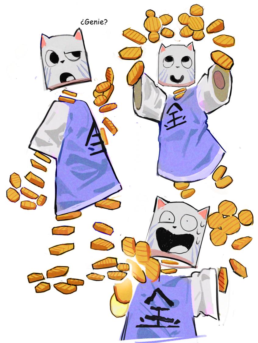 1other, animal_ears, black_eyes, cat_ears, coin, ena:_dream_bbq, ena_(series), fxxloow, gold, kane_(ena), koban_(gold), multiple_views, open_mouth, shirt, short_sleeves, simple_background, smile, sweat, white_background