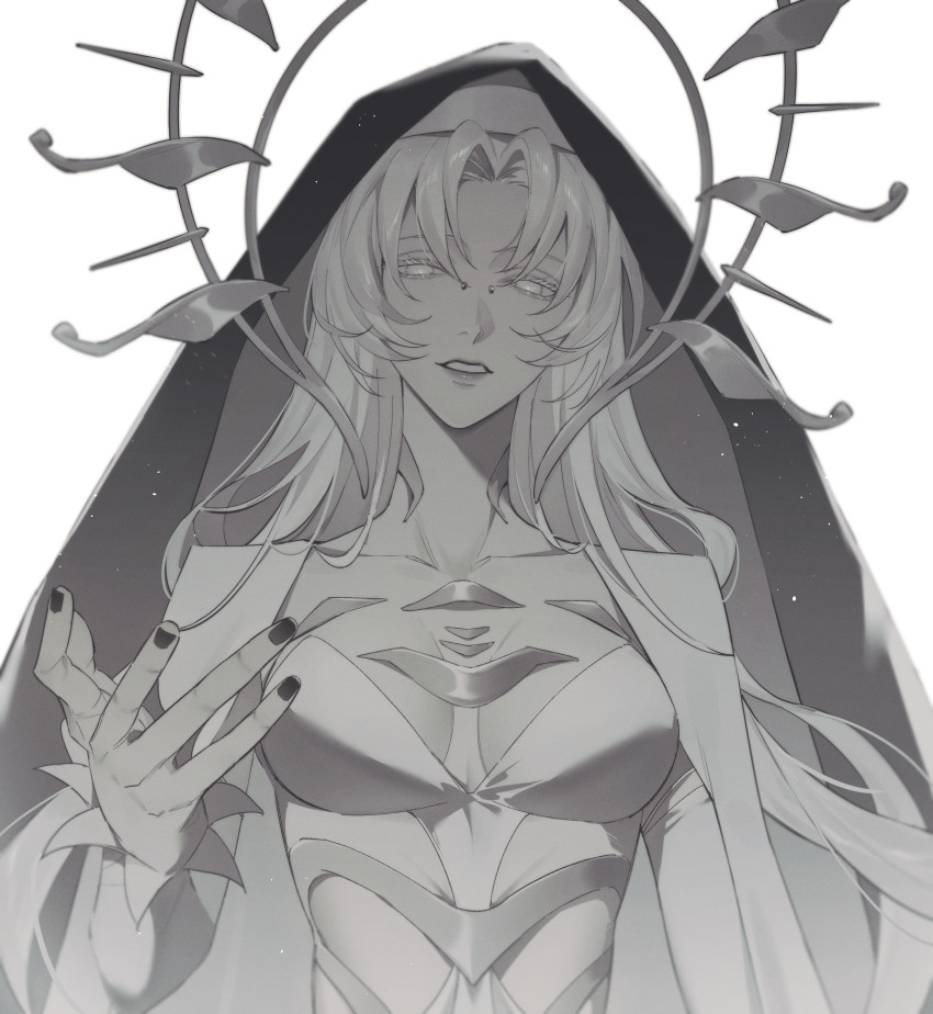 1girl, absurdres, breasts, cleavage, cleavage_cutout, clothing_cutout, coif, collarbone, commentary_request, expressionless, eyelashes, frilled_sleeves, frills, greyscale, halo, halo_behind_head, highres, large_breasts, light_particles, lipstick, long_hair, long_sleeves, looking_at_viewer, makeup, monochrome, nail_polish, nox_(ashen_prayer)_(path_to_nowhere), nox_(path_to_nowhere), official_alternate_costume, open_mouth, outstretched_hand, parted_bangs, path_to_nowhere, simple_background, solo, spiked_halo, talking, toho10min, two-sided_veil, upper_body, veil, very_long_hair, white_background