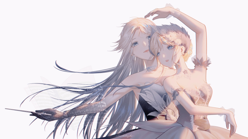 2girls, absurdres, arm_up, artist_name, ballerina, bare_arms, bare_shoulders, bead_choker