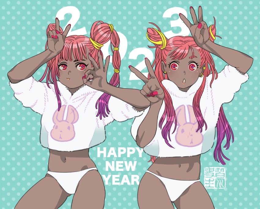 2023, 2girls, absurdres, animal_print, aqua_background, chinese_zodiac, cone_hair_bun, dark-skinned_female