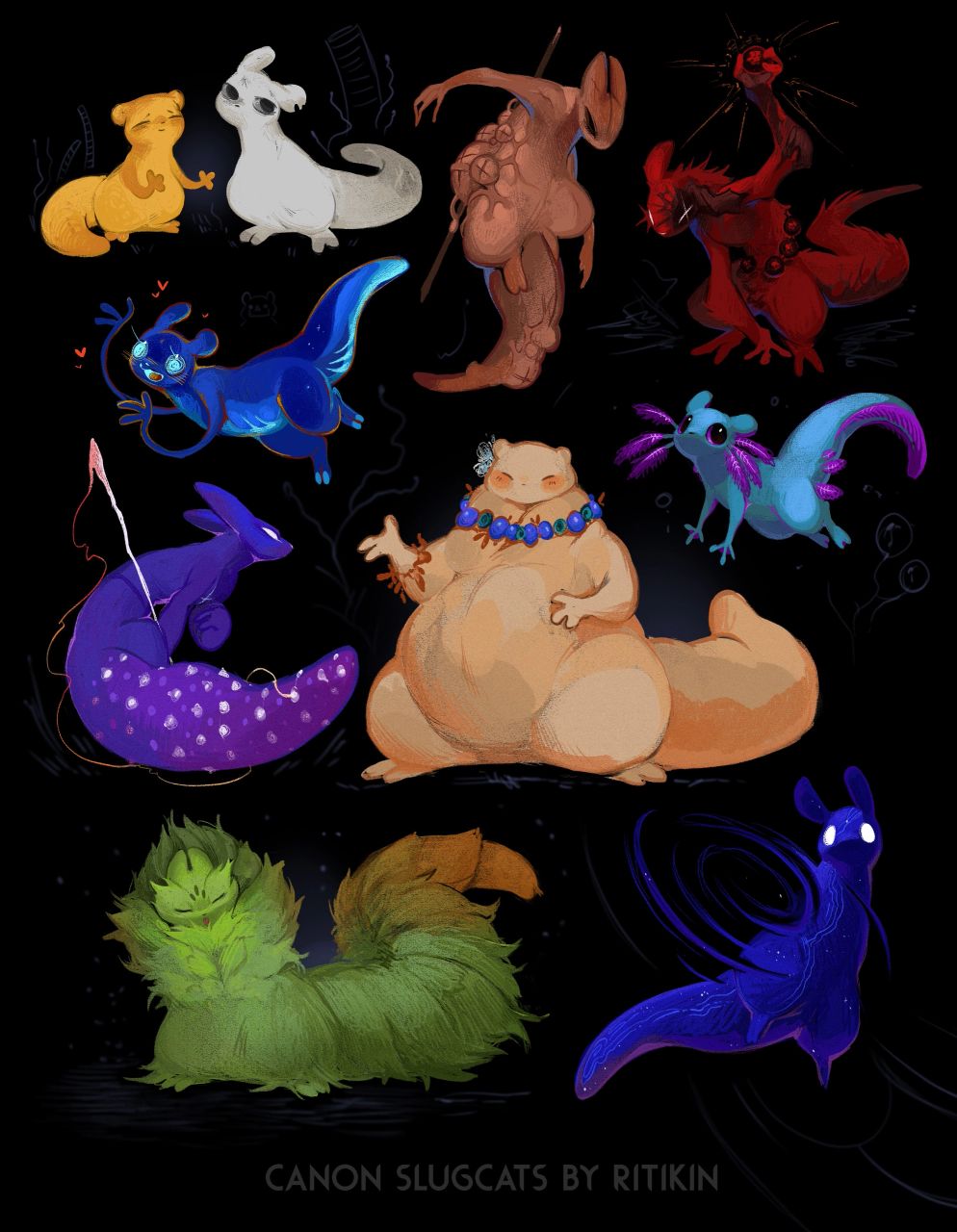 artificer_(rain_world), axolotl, axolotl_ears, axolotl_tail, black_background, black_eyes, blue_fruit_(rain_world), blue_fur