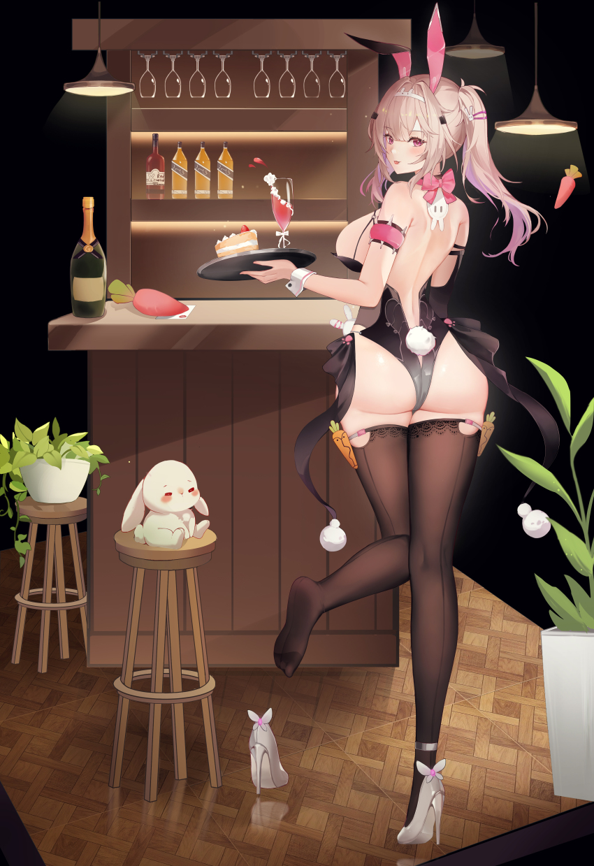 1girl, absurdres, animal_ears, ass, backless_leotard, baige_chen, breasts, brown_hair, fake_animal_ears, fake_tail, full_body, high_heels, highres, holding, holding_tray, large_breasts, leotard, marian_andreotti, official_alternate_costume, playboy_bunny, ponytail, purple_eyes, rabbit_ears, rabbit_tail, side_ponytail, sideboob, snowbreak:_containment_zone, solo, strapless, strapless_leotard, tail, thighhighs, tray, white_wrist_cuffs, wrist_cuffs