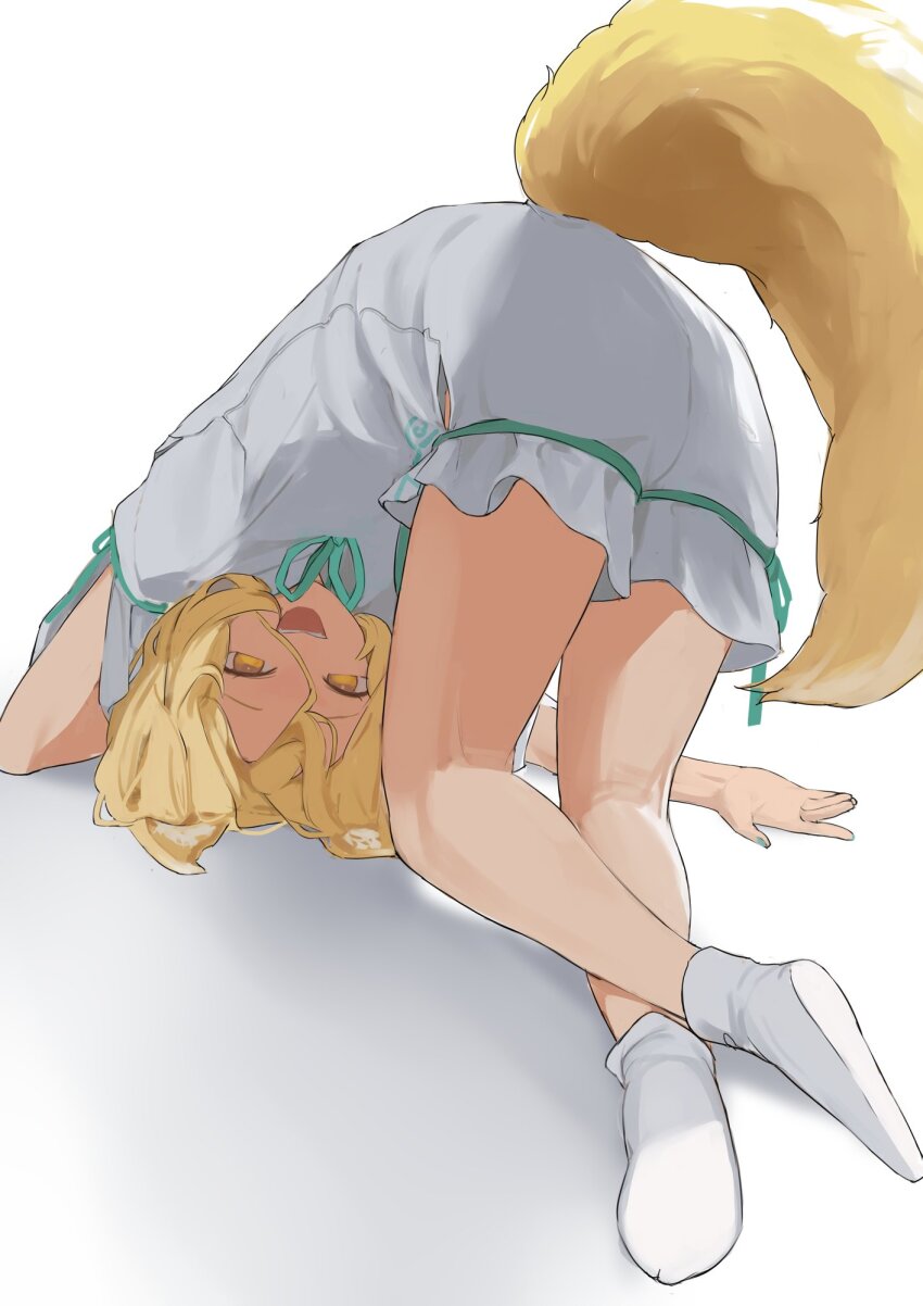 1girl, :d, animal_ears, ass, blonde_hair, flat_ass, fox_ears, fox_tail