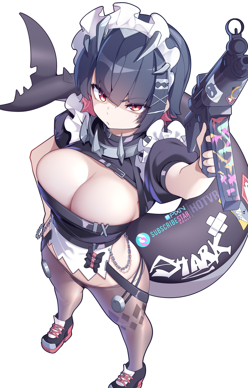 1girl, black_hair, breasts, brown_pantyhose, ellen_joe, fins, fish_tail, gun
