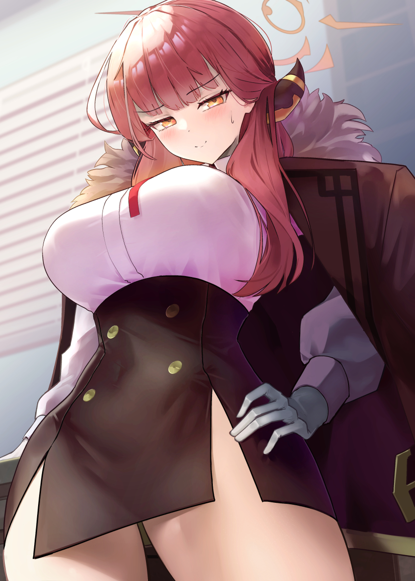 1girl, absurdres, aru_(blue_archive), black_skirt, blue_archive, breasts, cowboy_shot, demon_girl