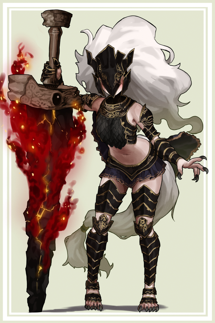 1girl, absurdres, armor, aura, border, breasts, claws, covered_eyes, ekrea_jan, elden_ring, facing_viewer, full_body, genderswap, genderswap_(mtf), greatsword, green_background, helmet, helmet_over_eyes, highres, holding, holding_sword, holding_weapon, huge_weapon, leg_armor, long_hair, maliketh's_black_blade, maliketh_the_black_blade, midriff, miniskirt, navel, ornate_armor, personification, petite, planted, planted_sword, planted_weapon, pleated_skirt, scale_armor, shadow, simple_background, skirt, small_breasts, solo, standing, sword, tail, weapon, white_hair, white_tail