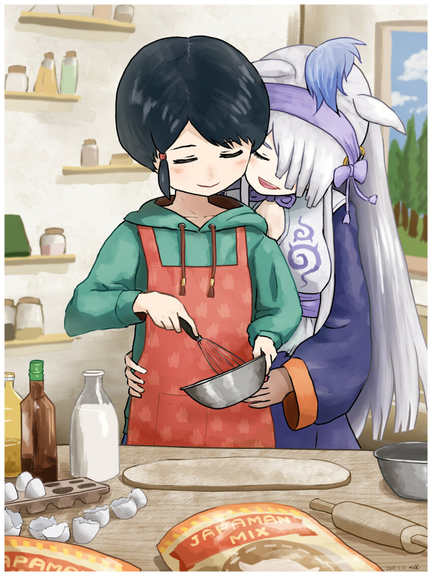 2girls, animal_ears, apron, arm_around_another's_waist, belt, black_hair, blue_hair, blush
