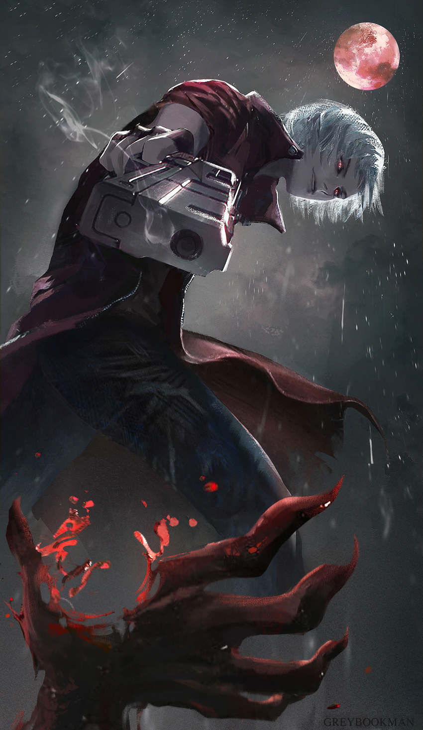 1boy, absurdres, black_pants, coat, dante_(devil_may_cry), devil_may_cry_(series), full_moon, greybookman