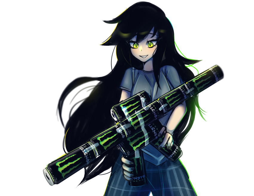 1girl, black_hair, can, commentary, cowboy_shot, drink_can, english_commentary, green_eyes