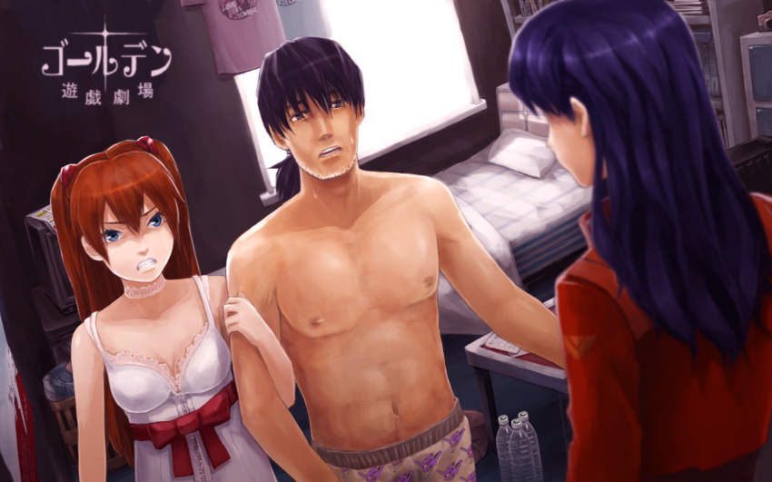 1boy, 2girls, atlus, bad_id, bad_pixiv_id, blue_eyes, blurry, blurry_foreground, bow, boxers, breasts, catherine_(atlus_character)_(cosplay), catherine_(game), choker, clenched_teeth, cosplay, depth_of_field, dress, dutch_angle, facial_hair, hairpods, indoors, jacket, kaji_ryouji, katsuragi_misato, long_hair, male_underwear, mattress, medium_breasts, mitsuishi_kotono, multiple_girls, neon_genesis_evangelion, okazun, parody, pillow, purple_hair, red_bow, short_hair, souryuu_asuka_langley, stubble, teeth, two_side_up, underwear, voice_actor_connection, white_dress, yamadera_koichi, yamadera_kouichi