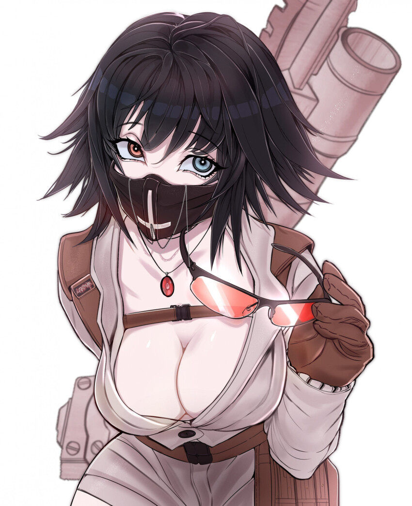 1girl, black_hair, blue_eyes, breasts, brown_gloves, cleavage, commentary, cross, devil_may_cry, devil_may_cry_(series), devil_may_cry_4, english_commentary, gem, gloves, heterochromia, highres, holding, holding_removed_eyewear, jewelry, lady_(devil_may_cry), large_breasts, leaning_forward, lerimar, looking_at_viewer, mask, mouth_mask, necklace, orange-tinted_eyewear, orange_eyes, red_gem, shirt, short_hair, simple_background, solo, sunglasses, tinted_eyewear, unworn_eyewear, upper_body, white_background, white_shirt