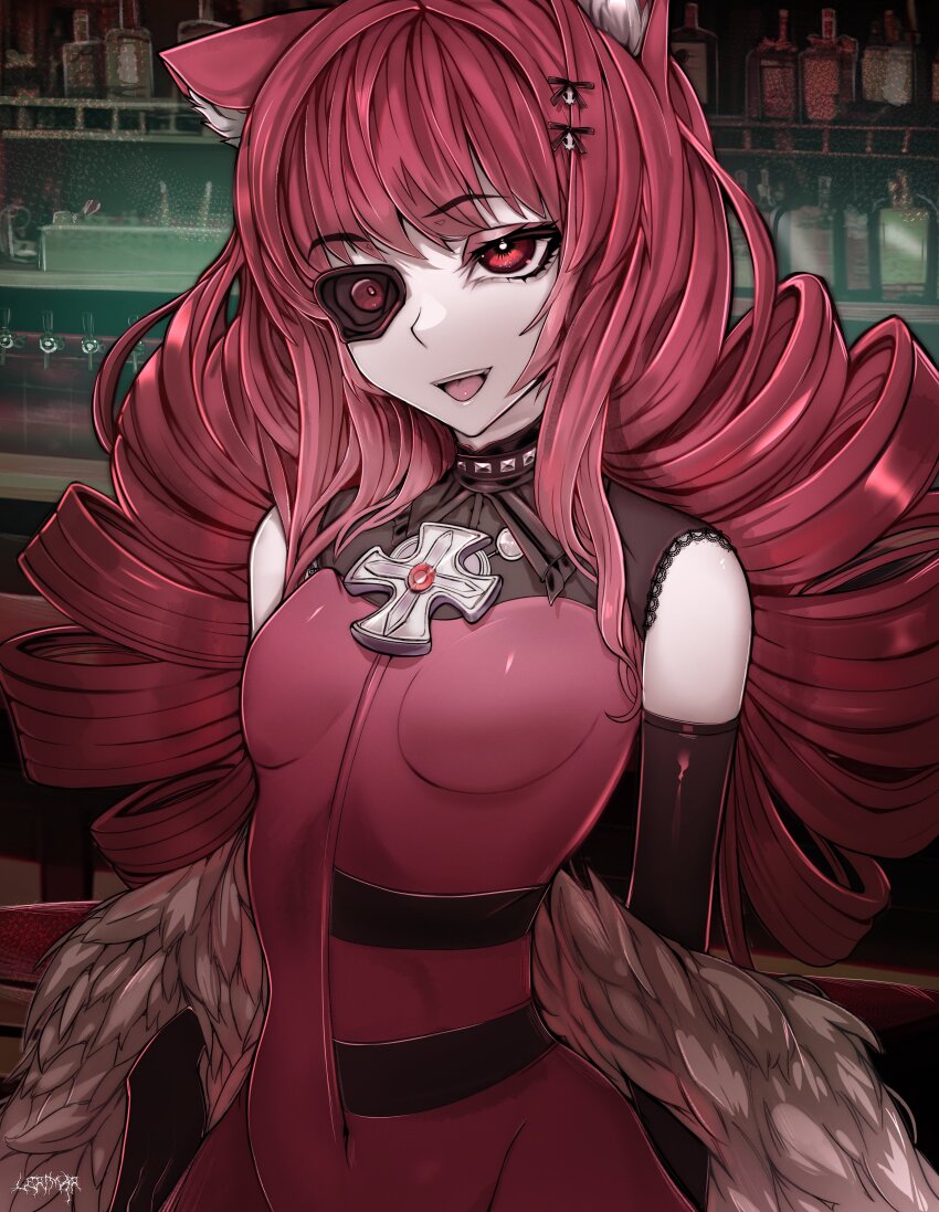 1girl, absurdres, animal_ears, artificial_eye, bar_(place), black_gloves, bodysuit, breasts