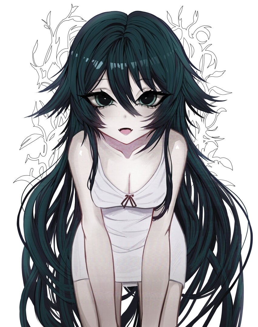 1girl, absurdres, blue_eyes, breasts, cleavage, commentary, cowboy_shot, dress