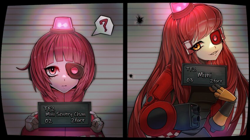 2girls, ?, absurdres, alarm_siren, arched_bangs, artificial_eye, barbie_(franchise), barbie_(live_action)