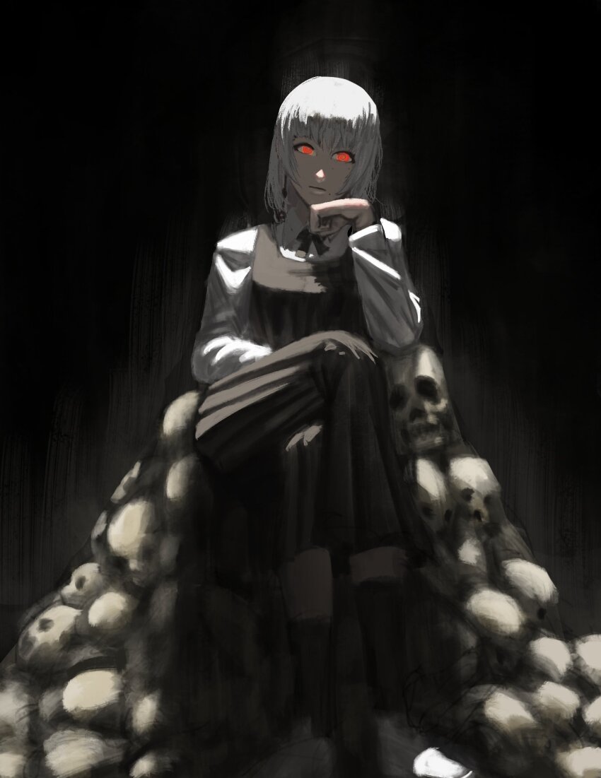 1girl, black_dress, black_socks, chainsaw_man, crossed_legs, dress, fami_(chainsaw_man), fourth_east_high_school_uniform