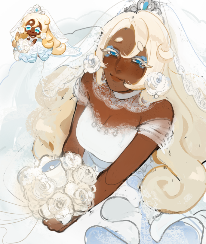 1girl, blonde_hair, bouquet, commentary_request, cookie_run, cookie_run:_kingdom, dark-skinned_female, dark_skin, dress, flower, food, fruit, holding, holding_bouquet, long_hair, mozzarella_cookie, mozzarella_cookie_(cheesin'_beyond_the_veil), solo, very_long_hair, wedding_dress, white_dress, zibeeyui