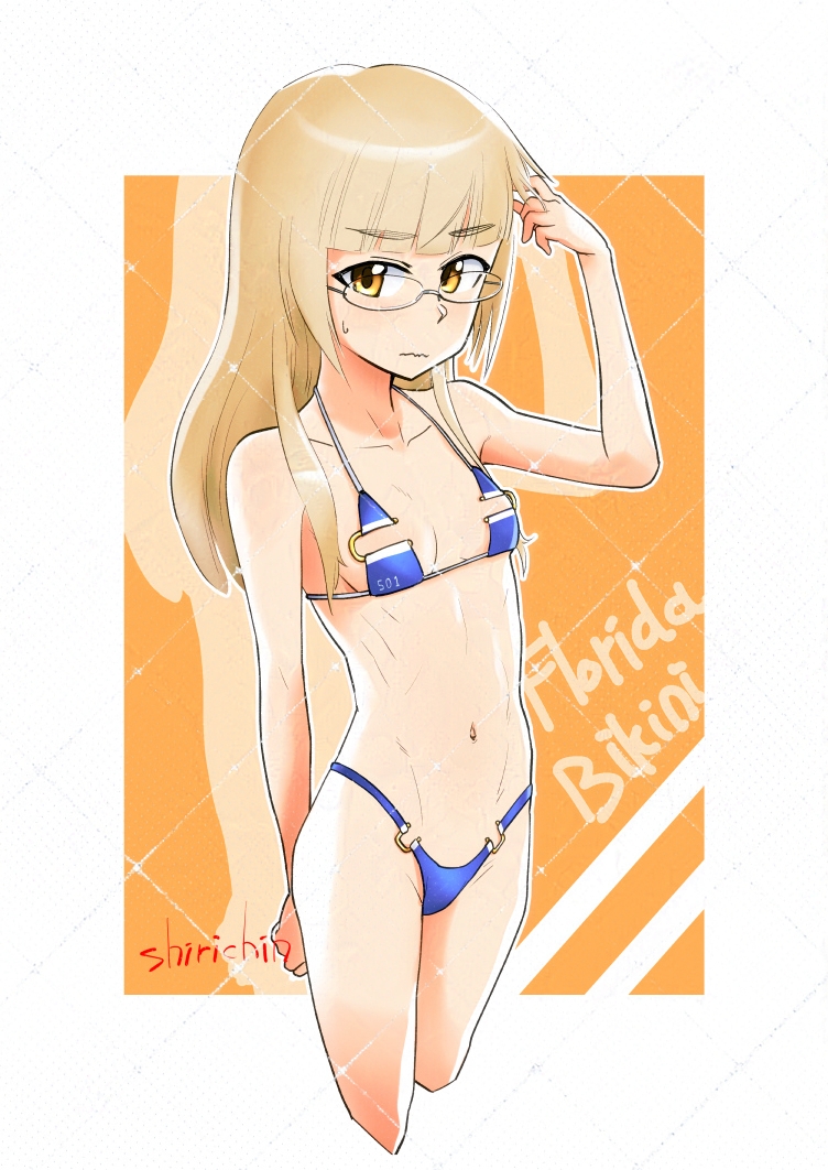 1girl, bikini, blonde_hair, blue_bikini, breasts, glasses, loli, long_hair