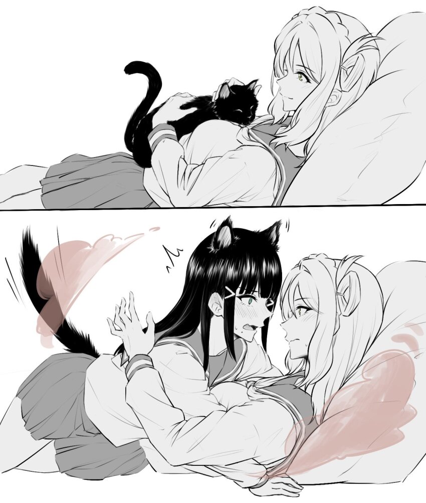 2girls, animal_ears, blush, braid, cat_ears, cat_girl, cat_on_chest, cat_tail