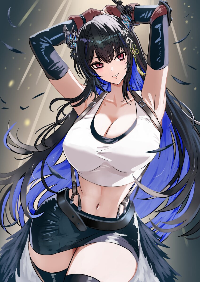 1girl, absurdres, asymmetrical_horns, bare_shoulders, black_hair, black_skirt, blue_hair, blush