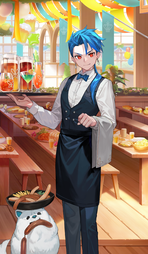 >:), 1boy, alcohol, apron, baby_animal, beer, beer_mug, black_apron