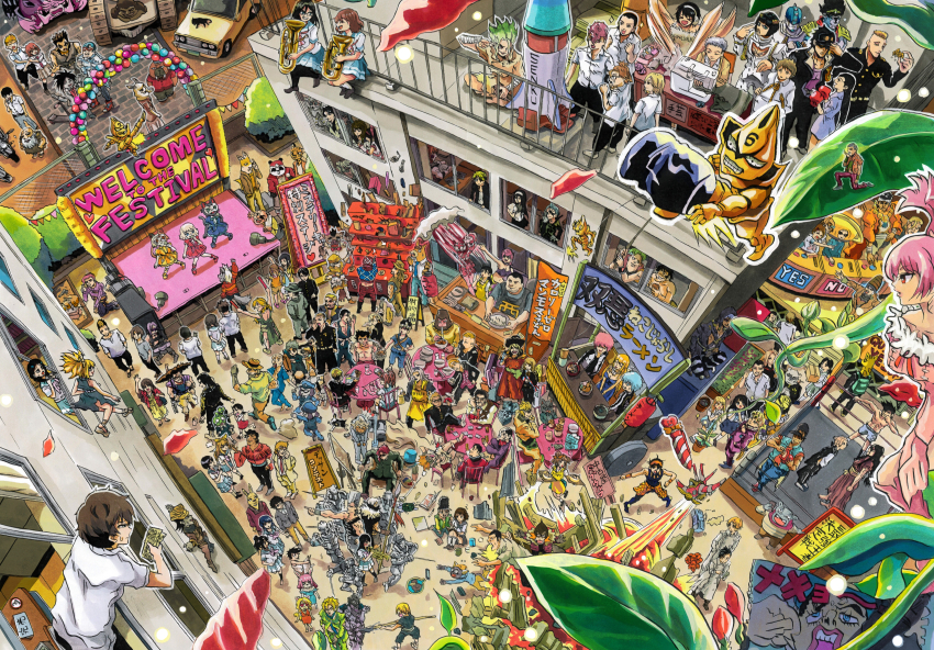 6+boys, 6+girls, absurdres, ashita_no_joe, beard, bento, black_hair, blonde_hair, blue_hair, blue_necktie, bow_(weapon), boxing_gloves, brown_hair, car, cellphone, character_request, commentary_request, crossover, daimon_kenshirou, daimon_koushirou, dog, domino_mask, dr._stone, easel, eye_mask, eyepatch, facial_hair, food, giorno_giovanna, green_hair, guido_mista, gun, hat, heart, heart-shaped_eyes, hibike!_euphonium, highres, holding, holding_instrument, hyouka, ichimura_shiho, instrument, ishigami_senkuu, jojo_no_kimyou_na_bouken, kohaku_(dr._stone), marker_(medium), mask, motor_vehicle, motorcycle, multiple_boys, multiple_crossover, multiple_girls, necktie, nikaidou_rui, odd_taxi, phone, pink_hair, red_hair, sailor_collar, school_uniform, sewing_machine, shirt, skirt, stand_(jojo), stardust_crusaders, tokyo_revengers, traditional_media, translation_request, tsuchiyamashige, vento_aureo, weapon, white_hair, white_shirt, yano_(odd_taxi)