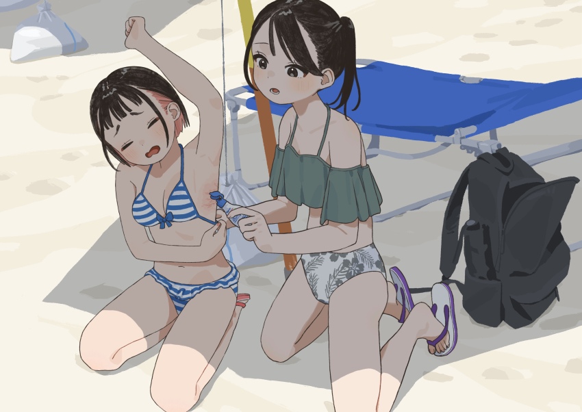 2girls, absurdres, arm_up, armpits, backpack, bag, bare_arms, bare_legs, bare_shoulders, beach, beach_chair, bikini, black_eyes, black_hair, blue_bikini, breasts, closed_eyes, colored_inner_hair, commentary_request, flip-flops, floral_print, floral_print_bikini, highres, mashiro_ka, multicolored_hair, multiple_girls, off-shoulder_bikini, off_shoulder, on_ground, original, outdoors, pink_hair, presenting_armpit, print_bikini, rash, sand, sandals, seiza, shade, short_hair, sitting, small_breasts, striped_bikini, striped_clothes, swimsuit, two-tone_hair